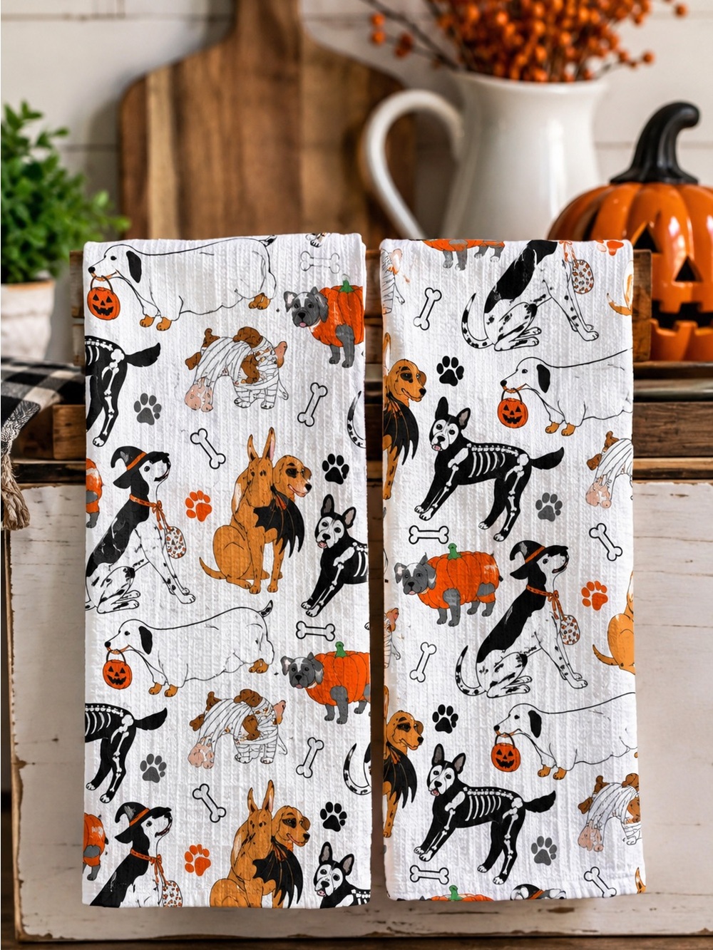 MAKERY Halloween Dog Tea Towels Set of 2 Cotton Kitchen Towels Ghosts Skeletons